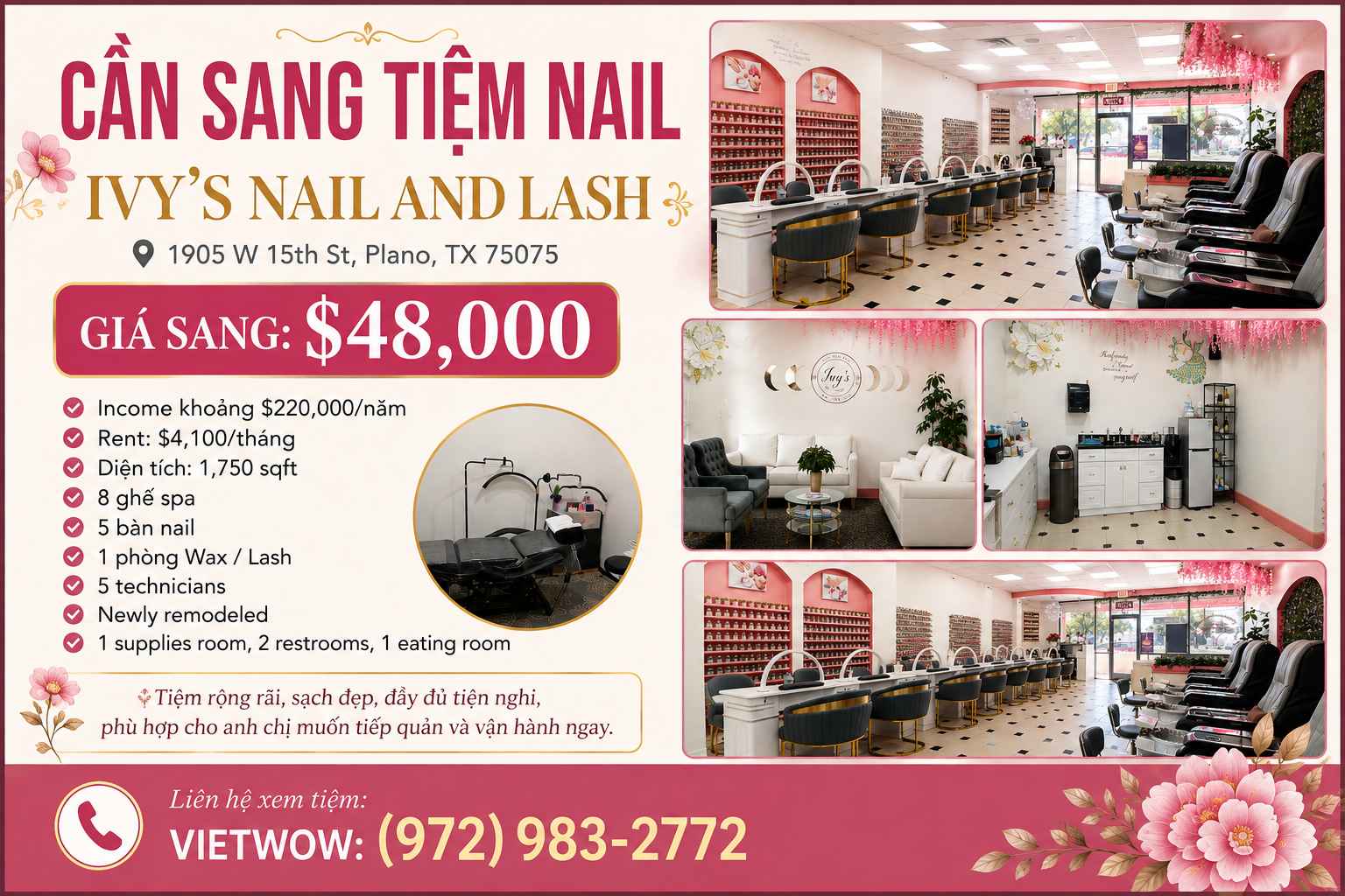 Cần Sang Tiệm IVY’S NAIL AND LASH Tại Plano, Texas